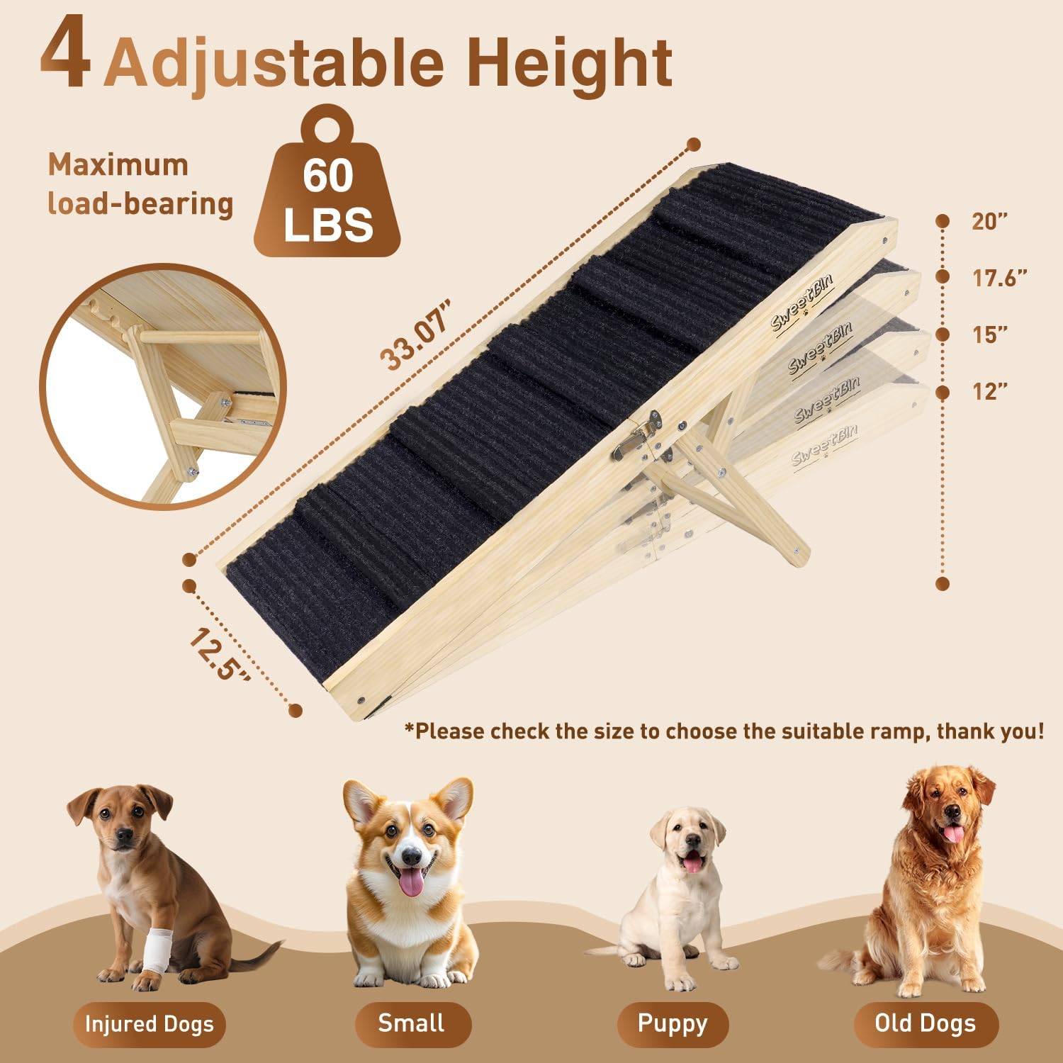 2026 Upgraded Dog Ramp for Couch - Foldable Small Dog Ramp for Bed - 4 Adjustable Height from 12 to 20 - Portable Pet Stairs with Non-Slip Pad - Pet Ramps Use for Low Bed Couch Steps Up to 60LBS
